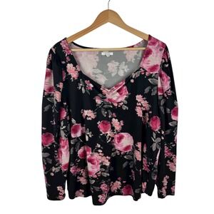 Maurices Floral Blouse Size 2X Black Stretch Romantic Feminine‎ Soft Knit Comfy